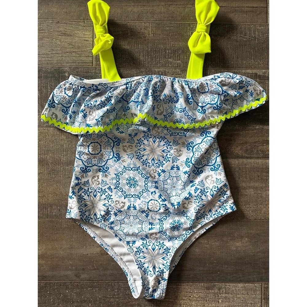 Tommy Bahama Girls Mediterranean Tile Print Ruffle One-Piece Swimsuit - Size 6